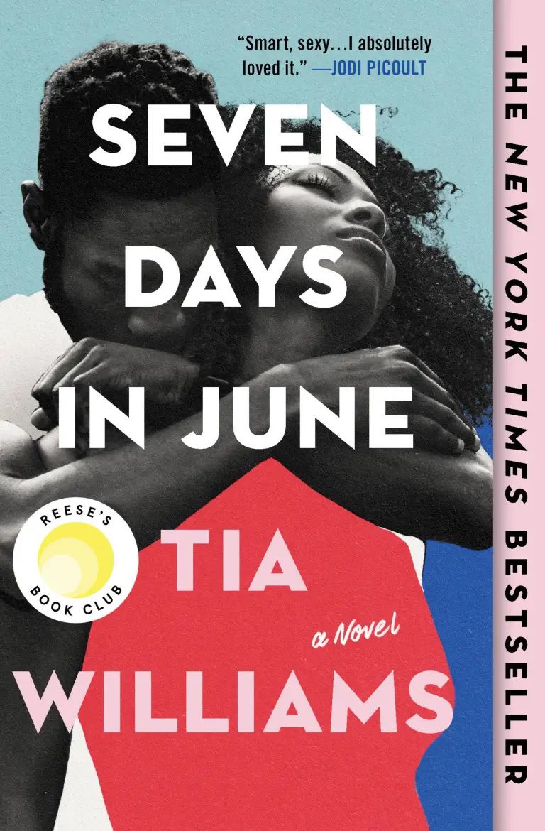 Cover art per Seven Days in June di Tia Williams, che mostra una coppia nera che si abbraccia sulla copertina, con blocchi di colore rosso, blu scuro e azzurro intorno a loro.