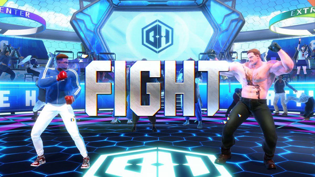 Due avatar creati dai giocatori, uno dei quali assomiglia a Mike Haggar di Final Fight, si preparano a combattere in uno screenshot della modalità Battle Hub di Street Fighter 6