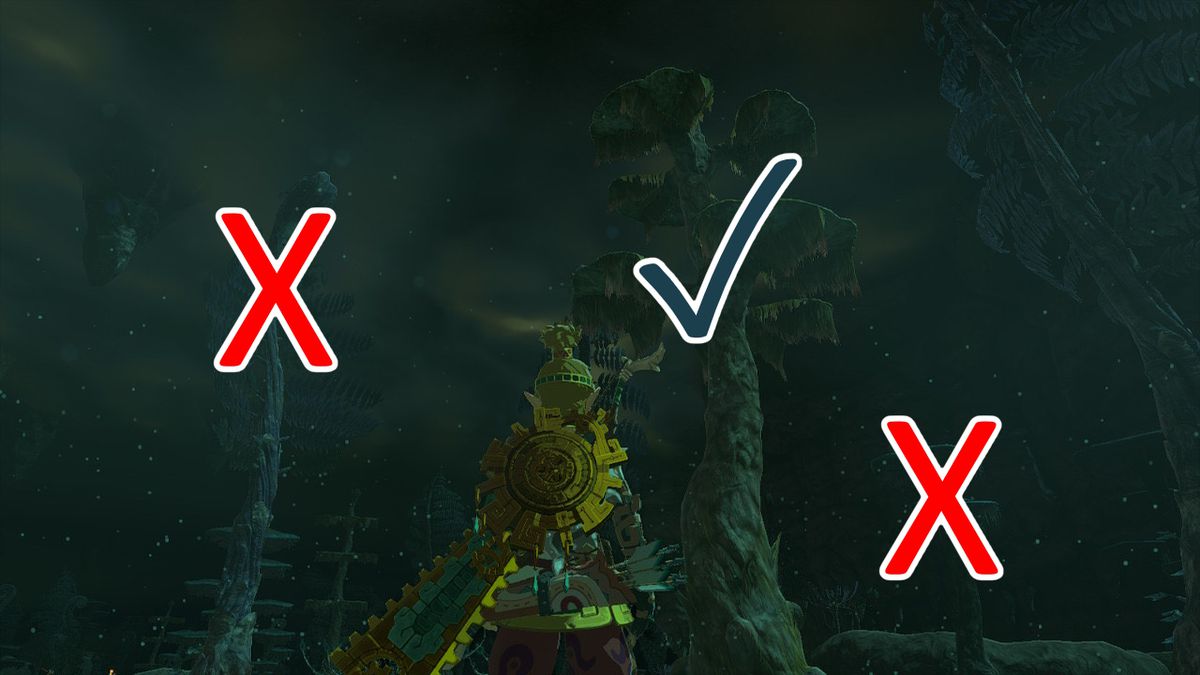 Link fissa tre alberi contenenti fiori bomba nelle Profondità in Zelda Tears of the Kingdom.