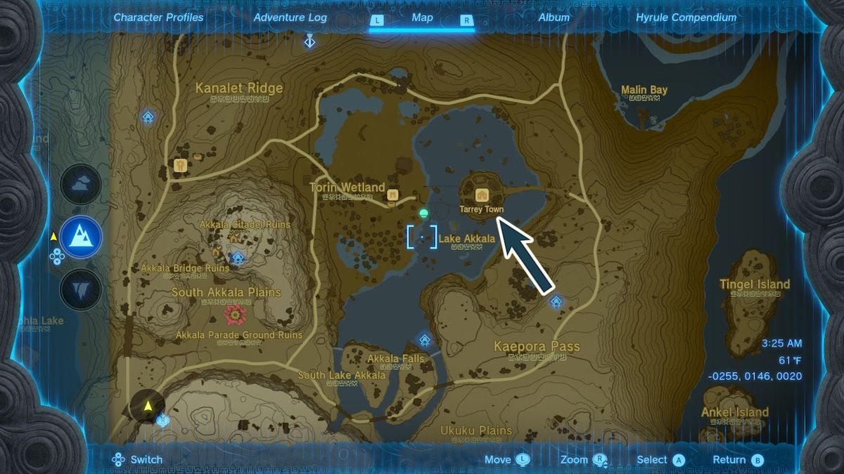 Una mappa mostra la posizione di Tarry Town a Hyrule in Zelda Tears of the Kingdom.