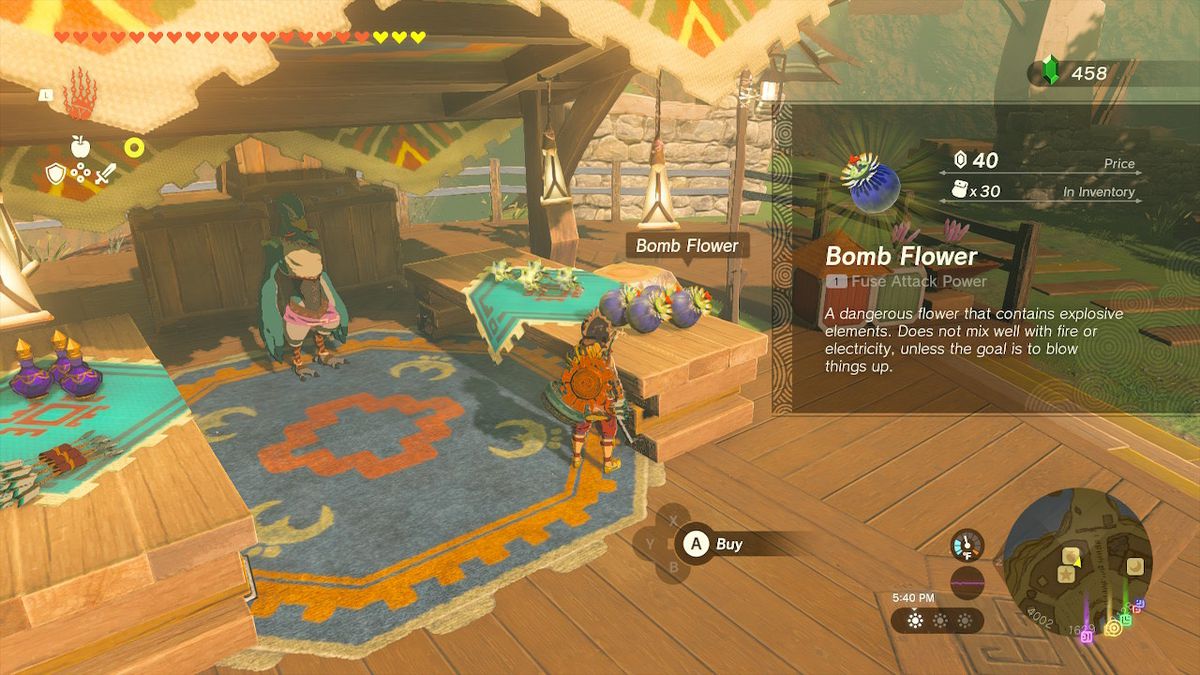 Link acquista fiori bomba da un negozio a Tarrey Town in Zelda Tears of the Kingdom.