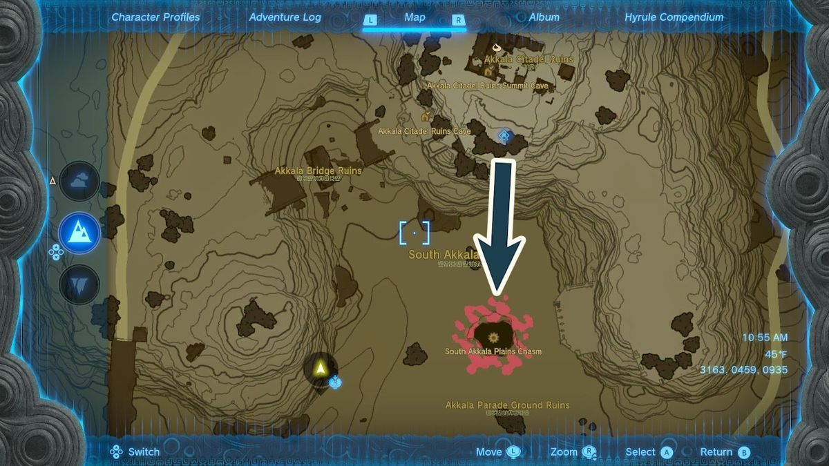 Una mappa indica la posizione di un baratro che conduce alle Profondità contenenti i Pantaloni del Crepuscolo in Zelda Tears of the Kingdom.
