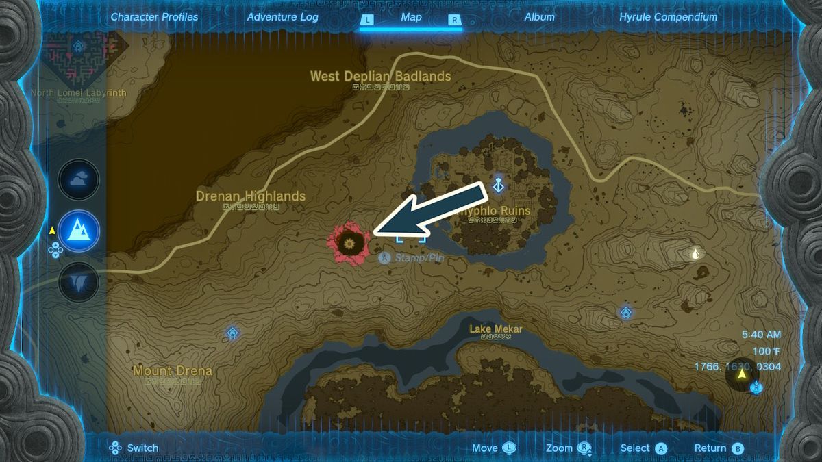 Una mappa mostra la posizione dell'abisso che conduce alle profondità di Lost Woods in Zelda Tears of the Kingdom.