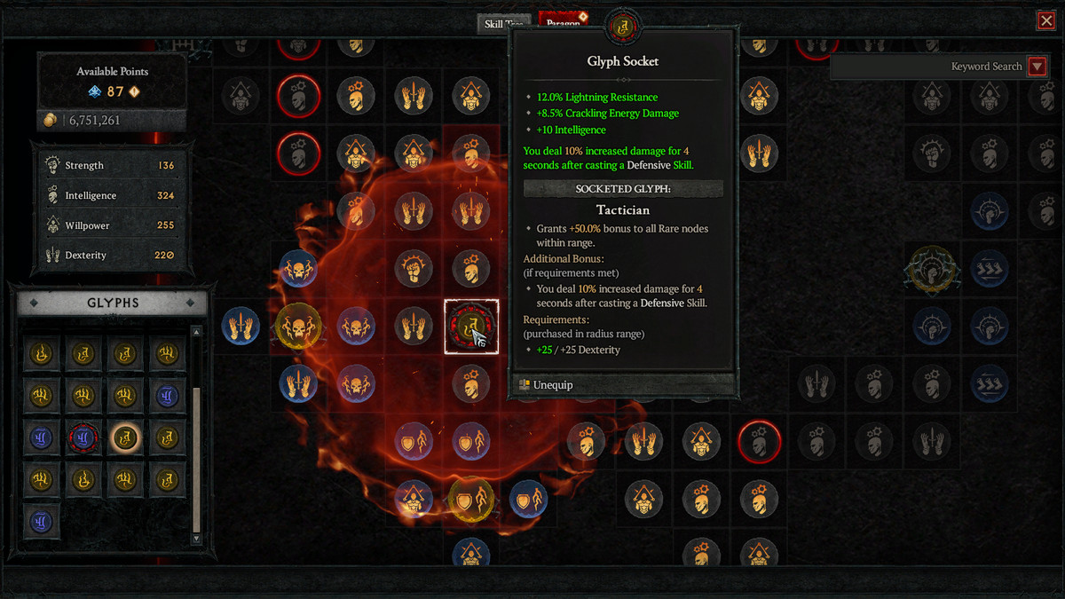 Il tabellone Eroe in Diablo 4, che mostra gli incavi e le abilità corrispondenti su una griglia affollata
