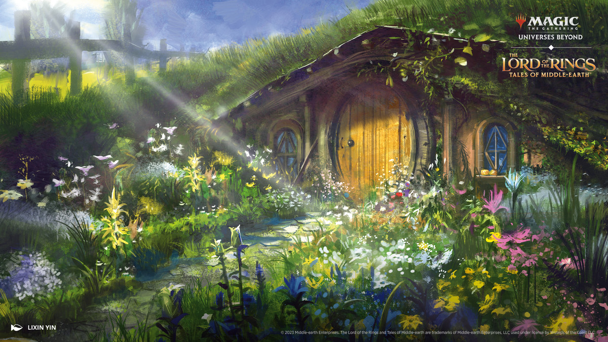 Arte dalla magia: The Gathering Il Signore degli Anelli: I racconti della Terra di Mezzo.  L'immagine mostra una scena tranquilla della Contea.  I fiori sbocciano e il sole splende.