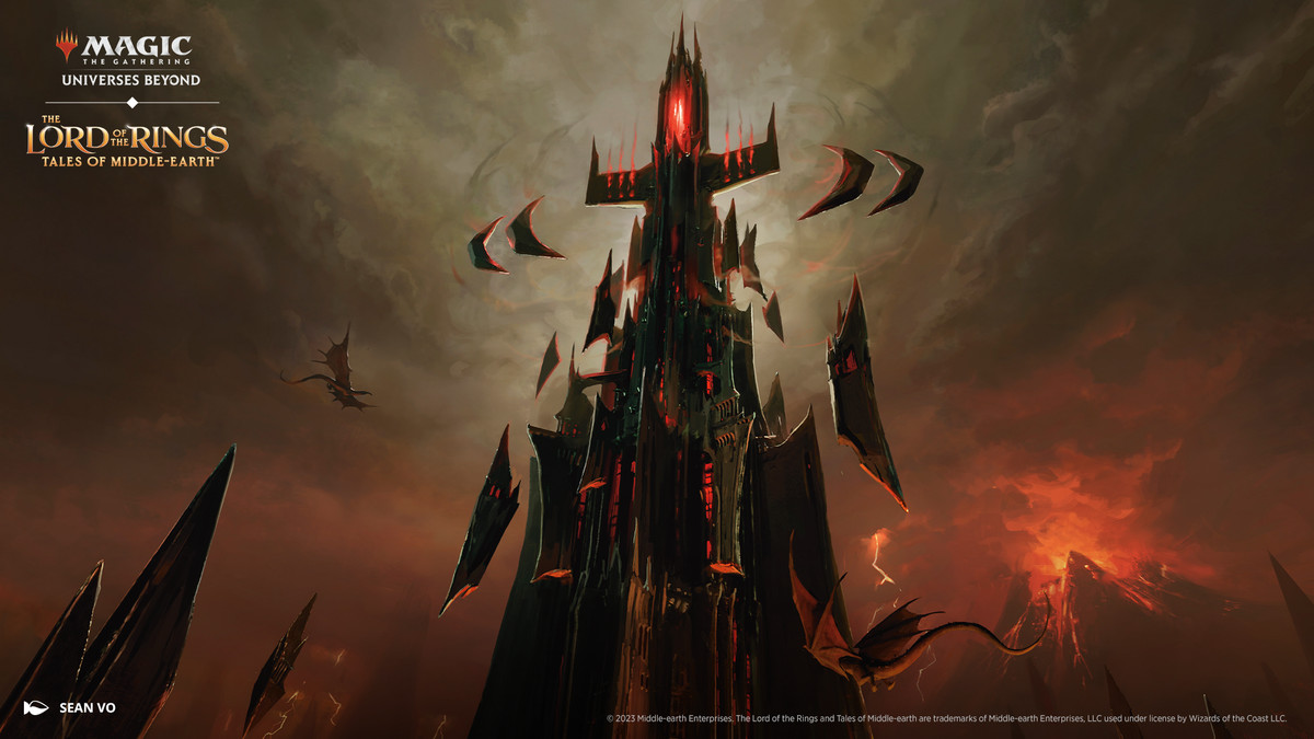 Arte dalla magia: The Gathering Il Signore degli Anelli: I racconti della Terra di Mezzo.  L'immagine mostra un minaccioso edificio che ricorda l'Occhio di Sauron.
