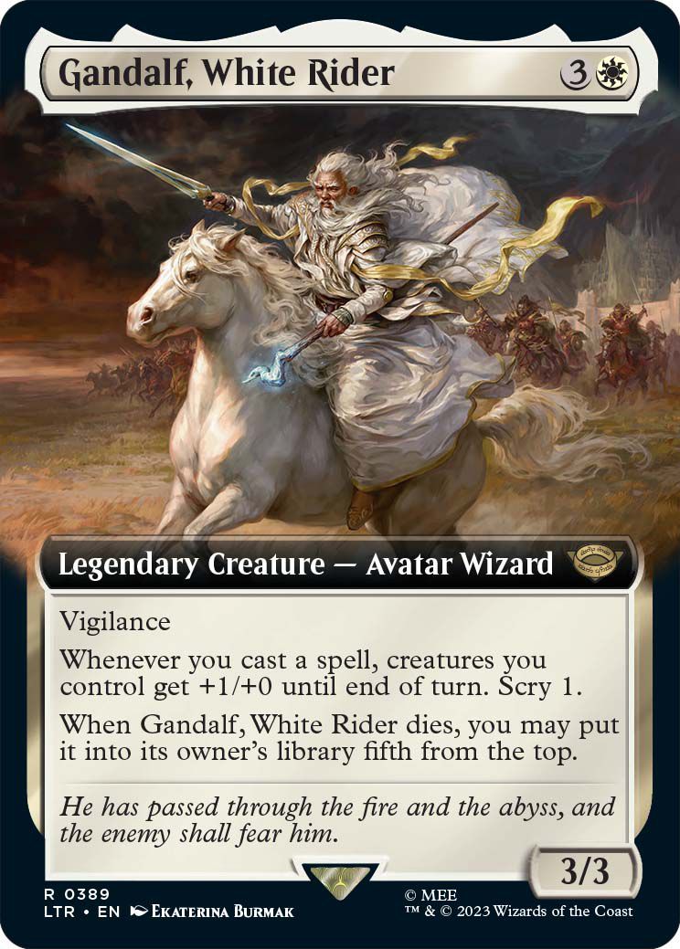 Gandalf, cavaliere bianco è una creatura leggendaria, un mago avatar, a 3/3 con vigilanza.  Ha anche poteri aggiuntivi, incluso profetizzare.