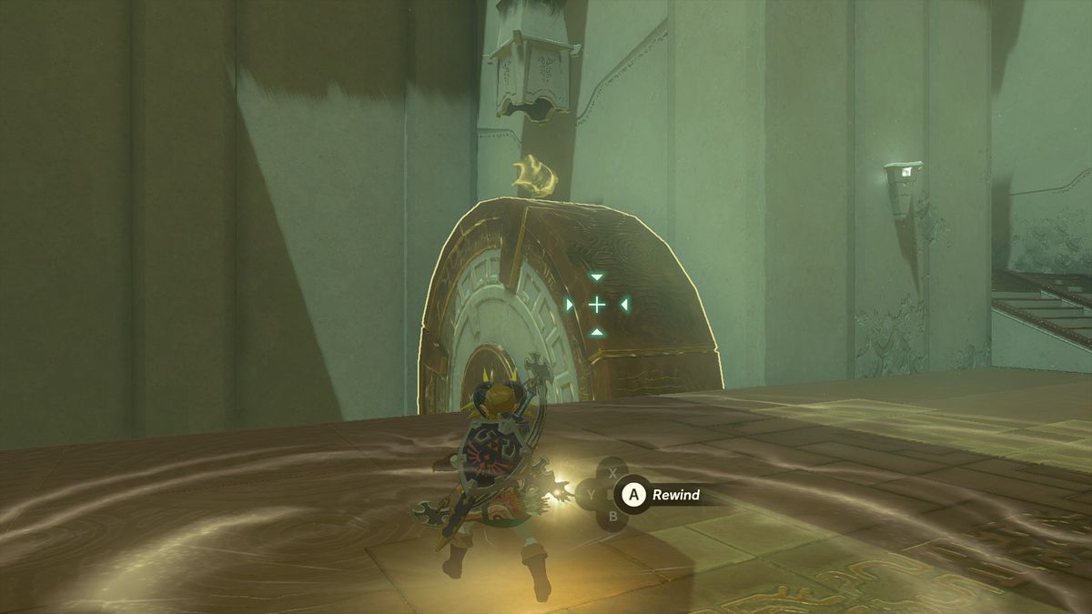 Link usando Richiamo su una grande ruota di pietra per recuperare una cassa nel Santuario di Tauyosipun in The Legend of Zelda: Tears of the Kingdom.