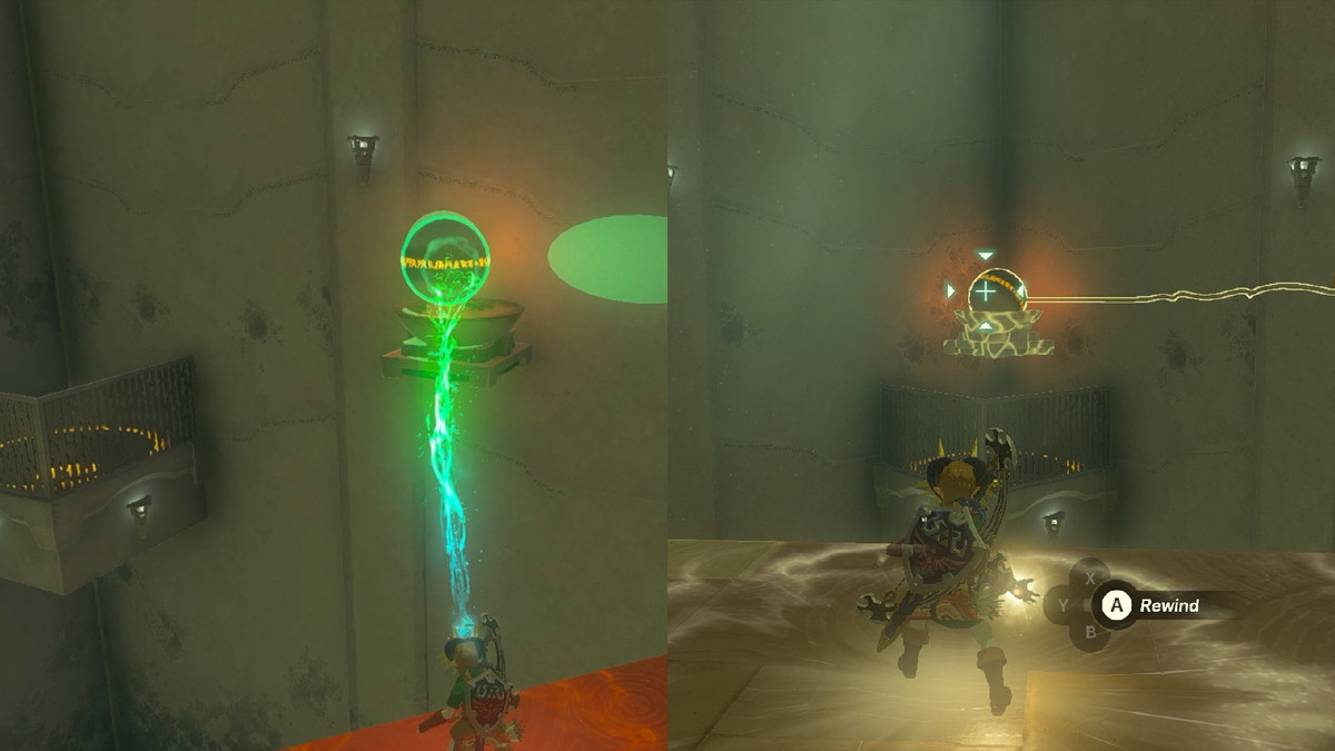 Link mettendo una palla di pietra in una ciotola e poi usando Richiamo per riavvolgere la palla di pietra nel Santuario di Tauyosipun in Legend of Zelda: Tears of the Kingdom.