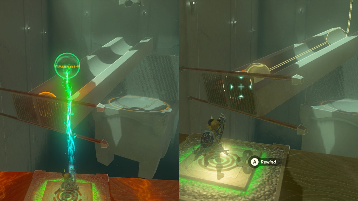Link usa Ultrahand per posizionare una palla di pietra dietro un'altra palla in cima a una rampa, quindi Link usa Recall sulla palla più vicina alla parte inferiore della rampa nel Santuario di Tauyosipun in Legend of Zelda: Tears of the Kingdom.