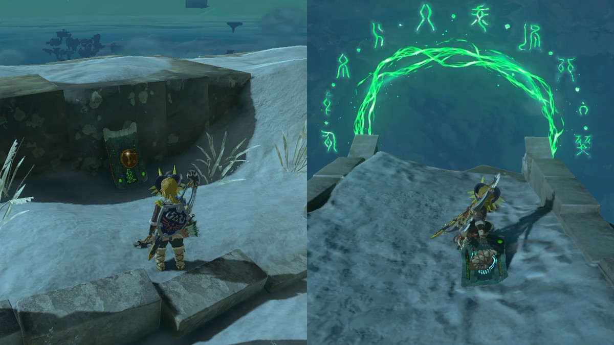 Link trova uno scudo da slitta sull'isola del cielo sopra la Torre Skyview del Monte Lanayru e cavalcalo attraverso gli anelli di luce durante la missione Santuario 