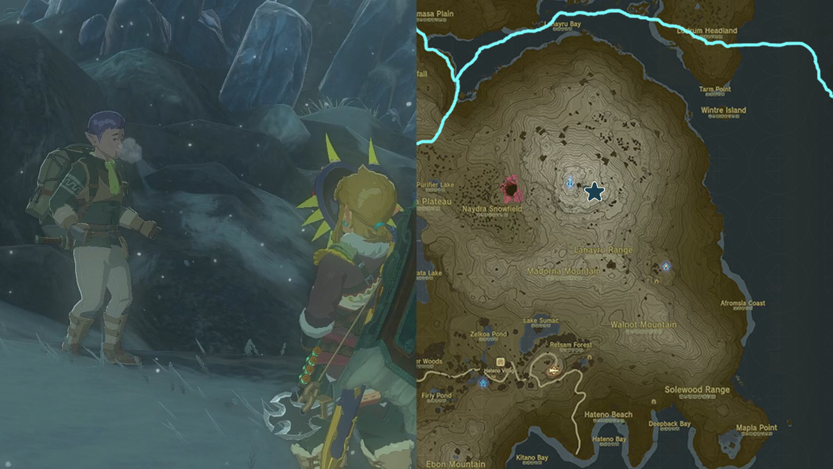 Nazbi il cacciatore di tesori si trova all'ingresso della Sorgente della Saggezza nella regione del Monte Lanayru di Hyrule in The Legend of Zelda: Tears of the Kingdom.