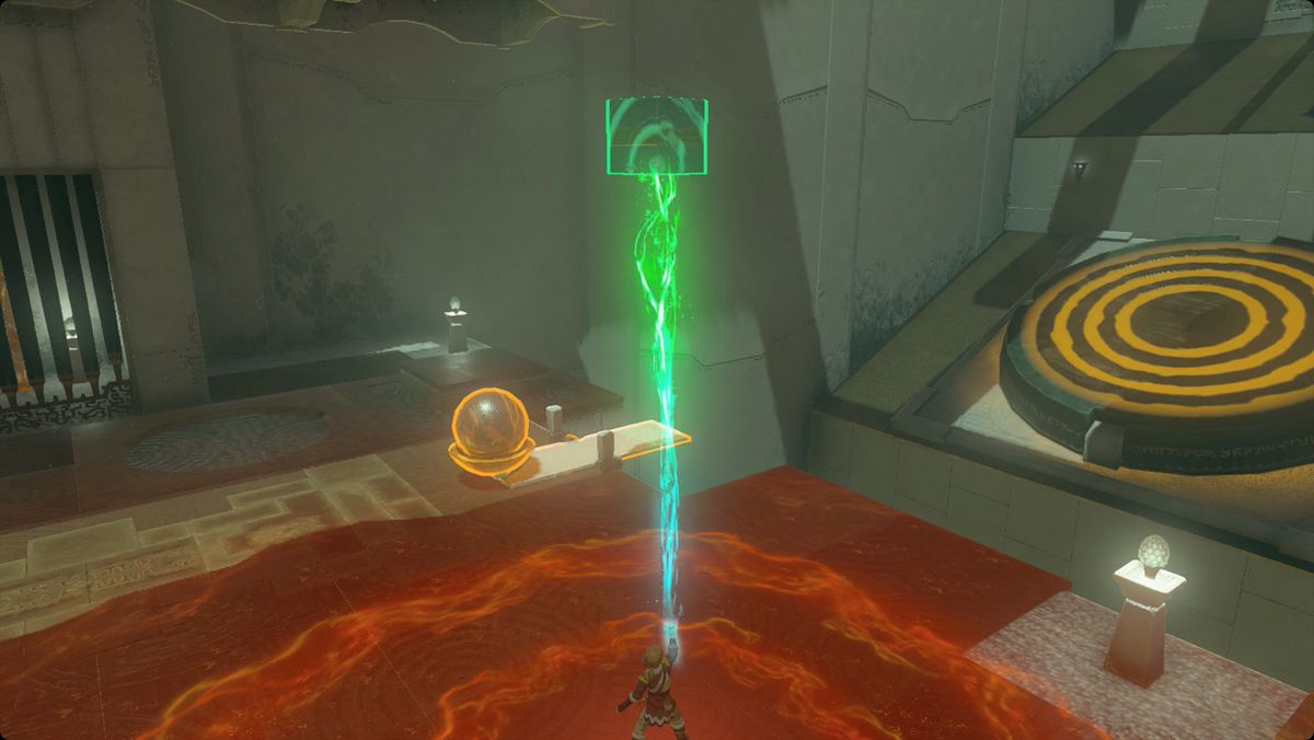 The Legend of Zelda: Tears of the Kingdom Link si prepara a lanciare una palla contro un bersaglio nel Santuario di Wao-os.