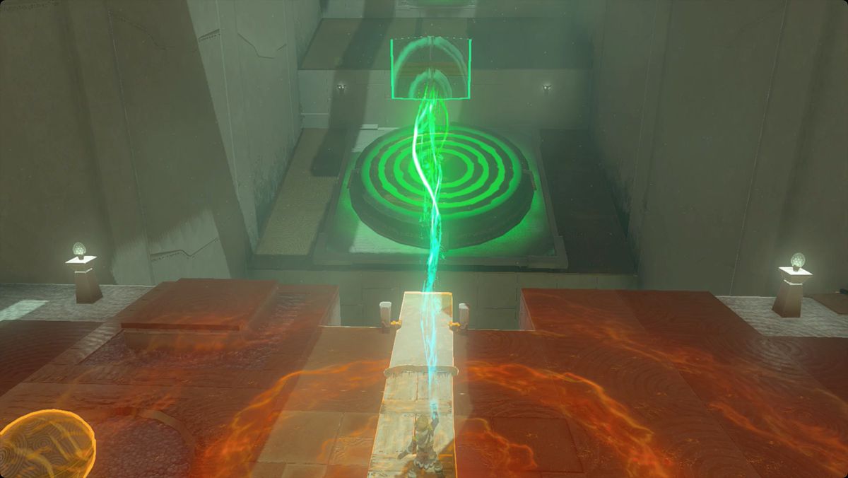 The Legend of Zelda: Tears of the Kingdom Link si prepara a lanciarsi nel santuario di Wao-os.