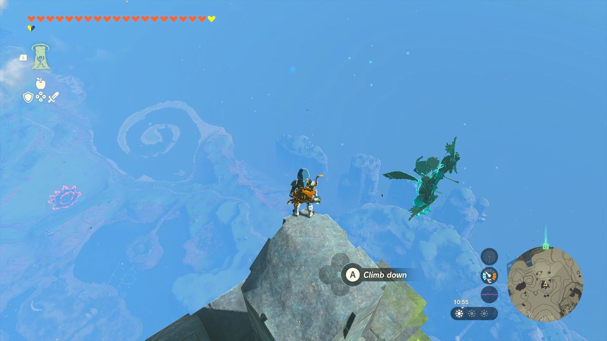 Link si trova su una montagna che domina un baratro a Hyrule in Zelda Tears of the Kingdom.