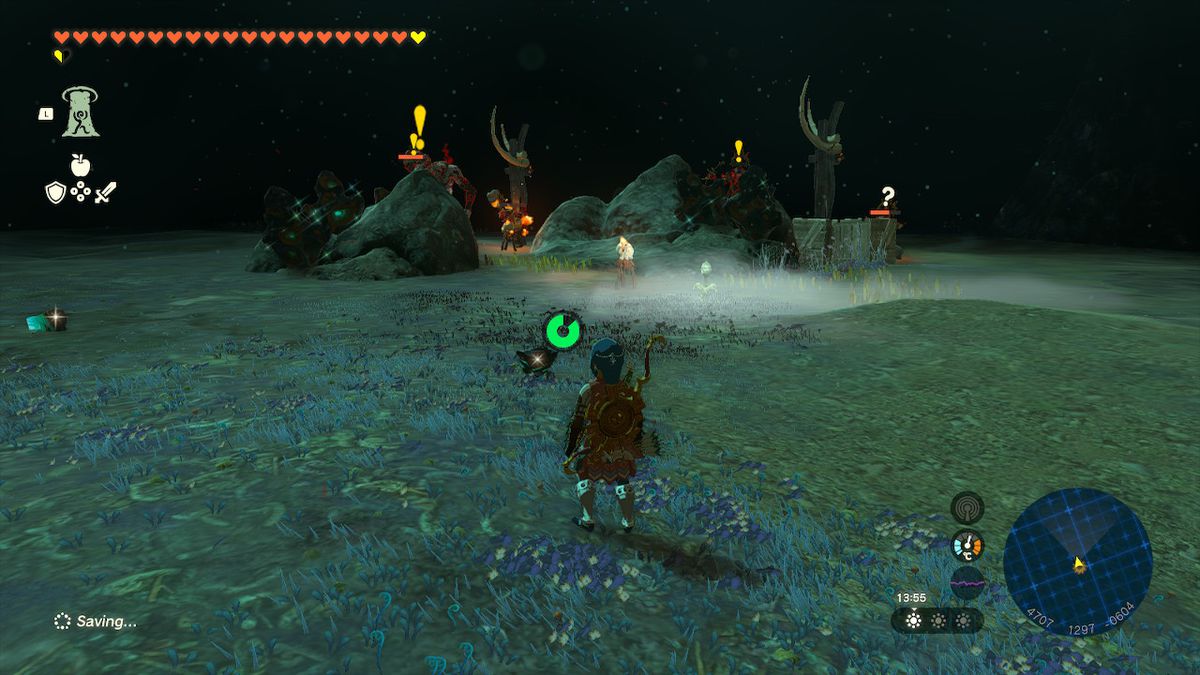 Link si avvicina ai nemici nelle profondità mentre cerca l'armatura del vento in Zelda Tears of the Kingdom.