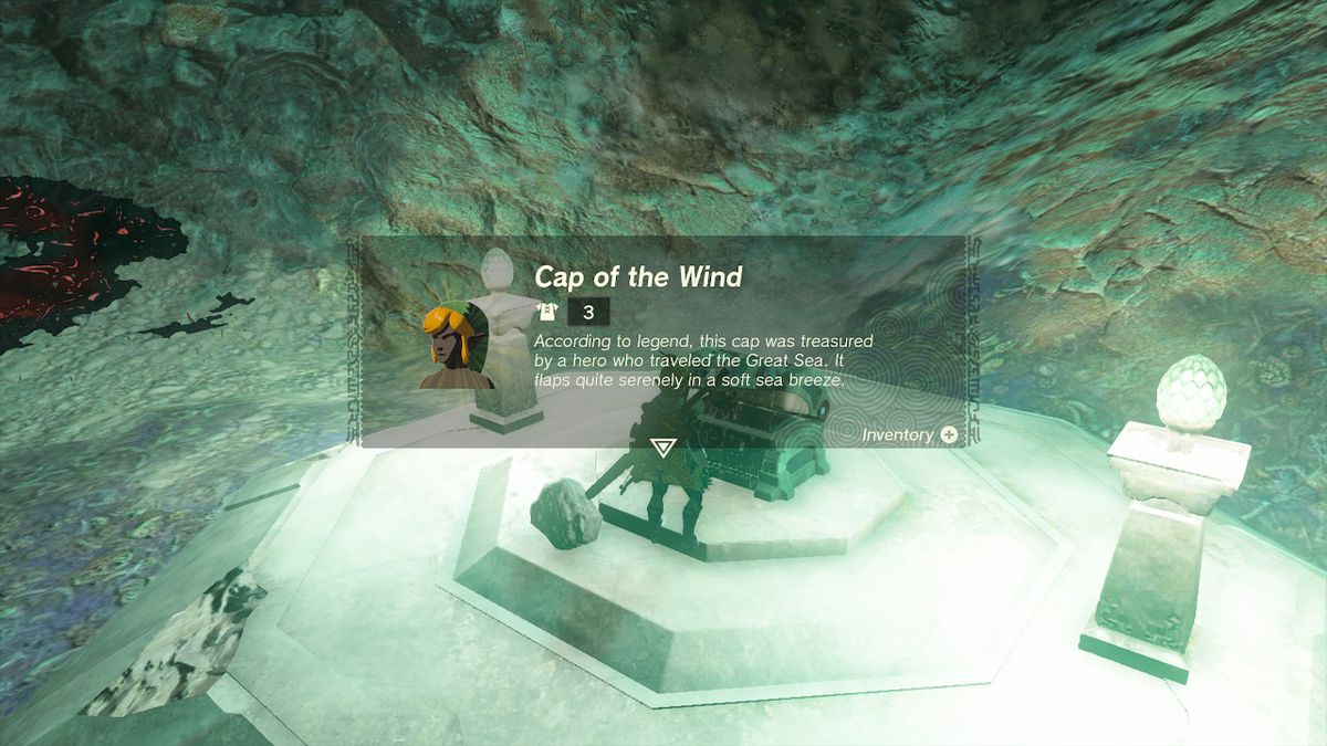 Link apre una cassa contenente il copricapo dell'armatura del vento in Zelda Tears of the Kingdom.