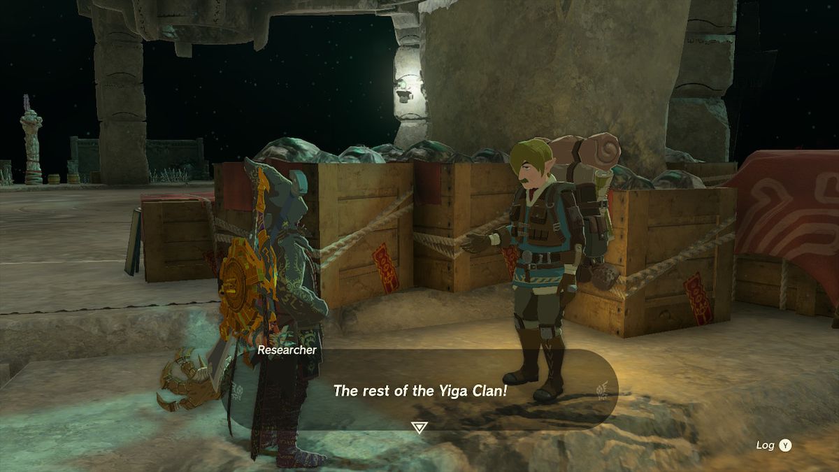 Link parla con un'ovvia pianta del clan yiga nelle Profondità in Zelda Tears of the Kingdom.
