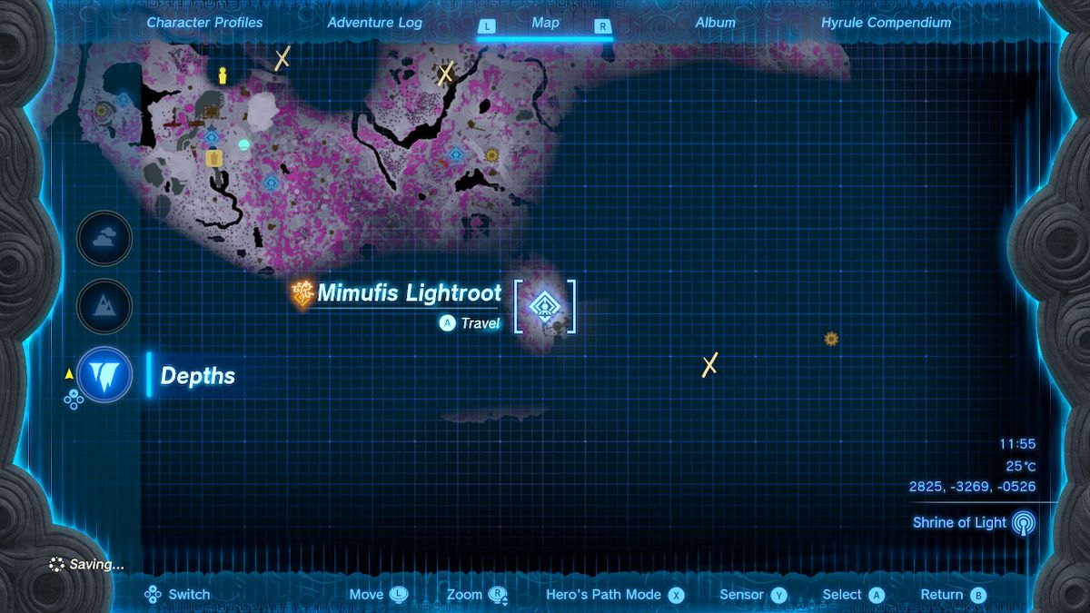 Una mappa mostra la posizione del Mimufis Lightroot in Zelda Tears of the Kingdom.