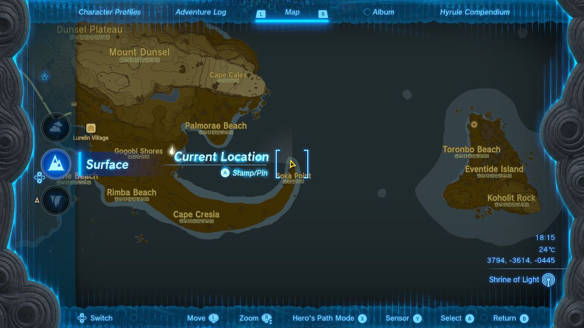 Una mappa mostra la posizione di Soka Point in Zelda Tears of the Kingdom.