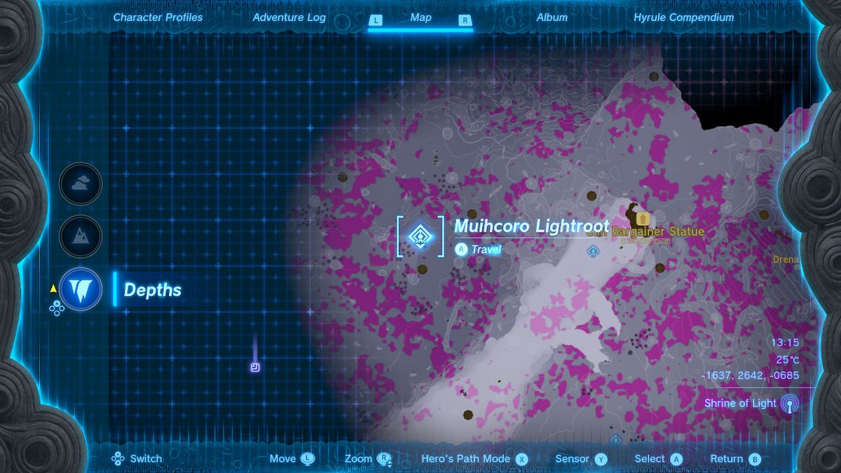 Una mappa mostra la posizione del Muihcoro Lightroot in Zelda Tears of the Kingdom.
