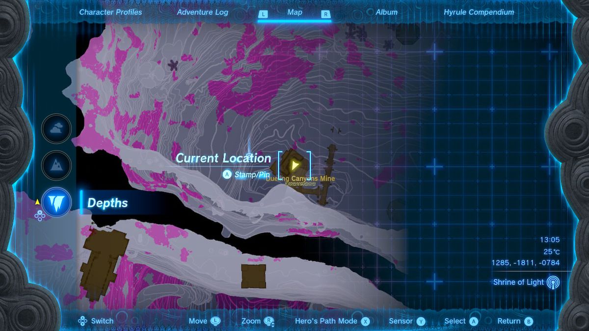 Una mappa mostra la posizione della miniera di Dueling Canyon nelle profondità in Zelda Tears of the Kingdom.