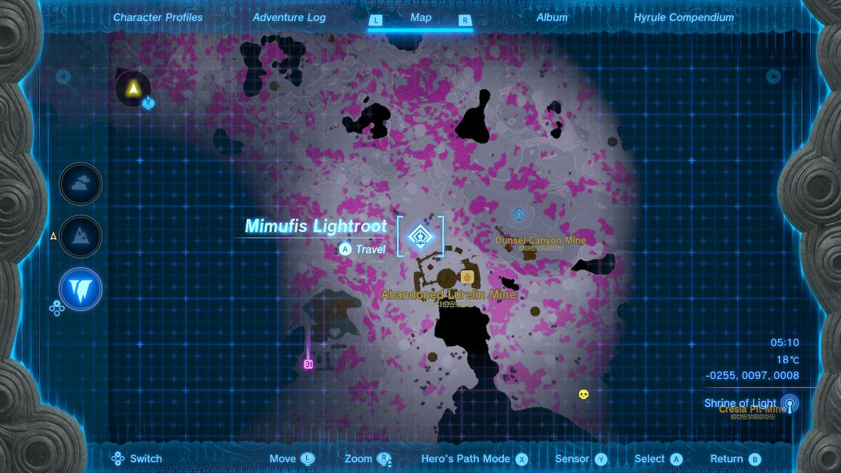 Una mappa mostra la posizione del Mimufis Lightroot nelle profondità in Zelda Tears of the Kingdom.