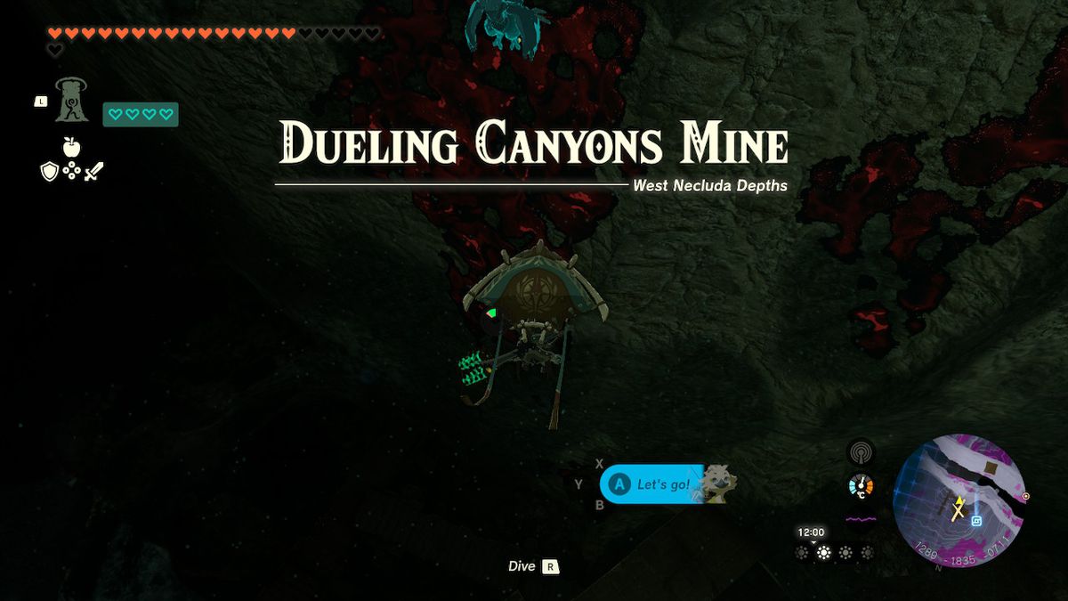 Link scivola nella miniera del Canyon dei duelli alla ricerca dell'armatura dell'eroe in Zelda Tears of the Kingdom.