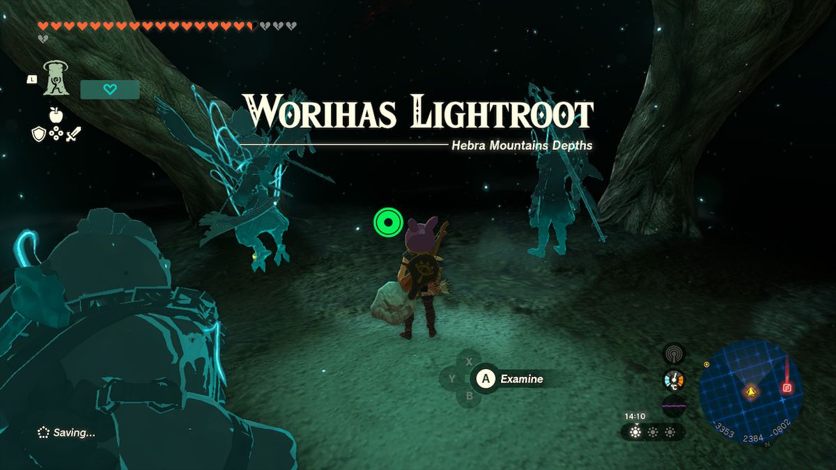 Link si trova vicino al Worihas Lightroot in the Depths in Zelda Tears of the Kingdom.