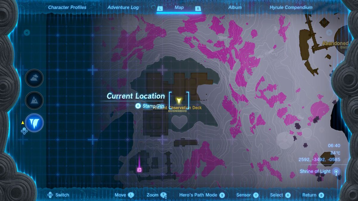 Una mappa mostra la posizione dell'antico ponte di osservazione nelle profondità sulla strada per l'armatura dell'eroe in Zelda Tears of the Kingdom.