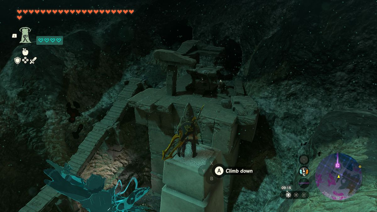 Link si trova su un pilastro nella miniera di Tuft Canyon nelle profondità in Zelda Tears of the Kingdom.