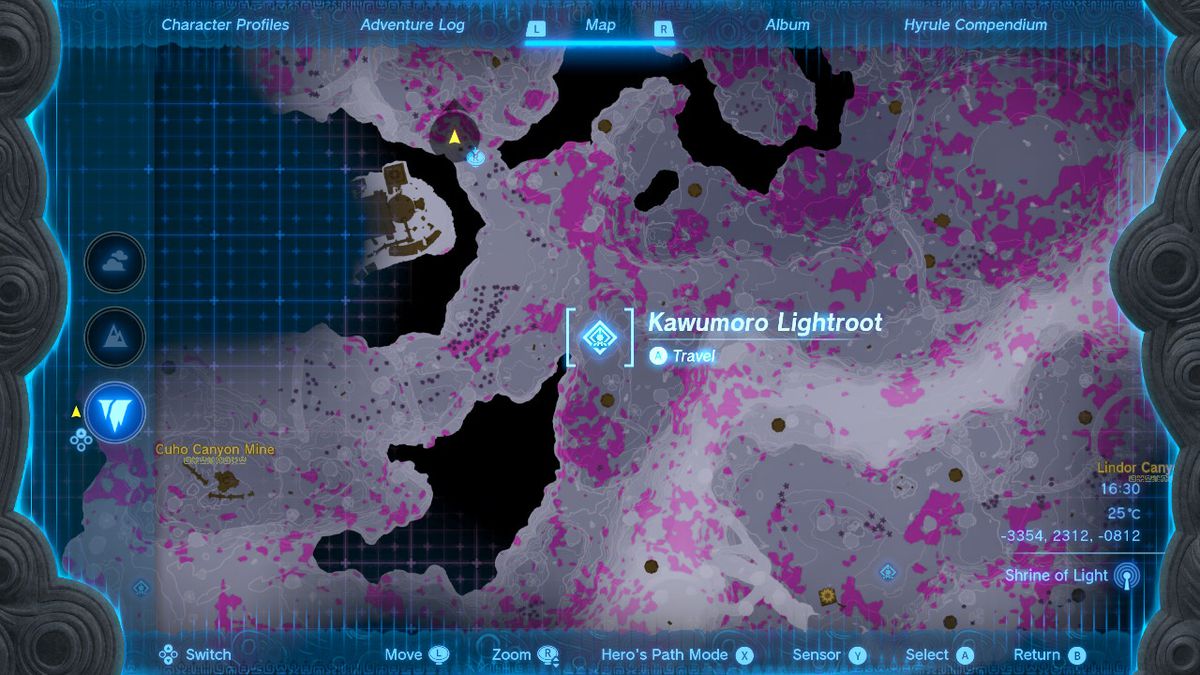 Una mappa mostra la posizione del Kawumoro Lightroot nelle profondità in Zelda Tears of the Kingdom.