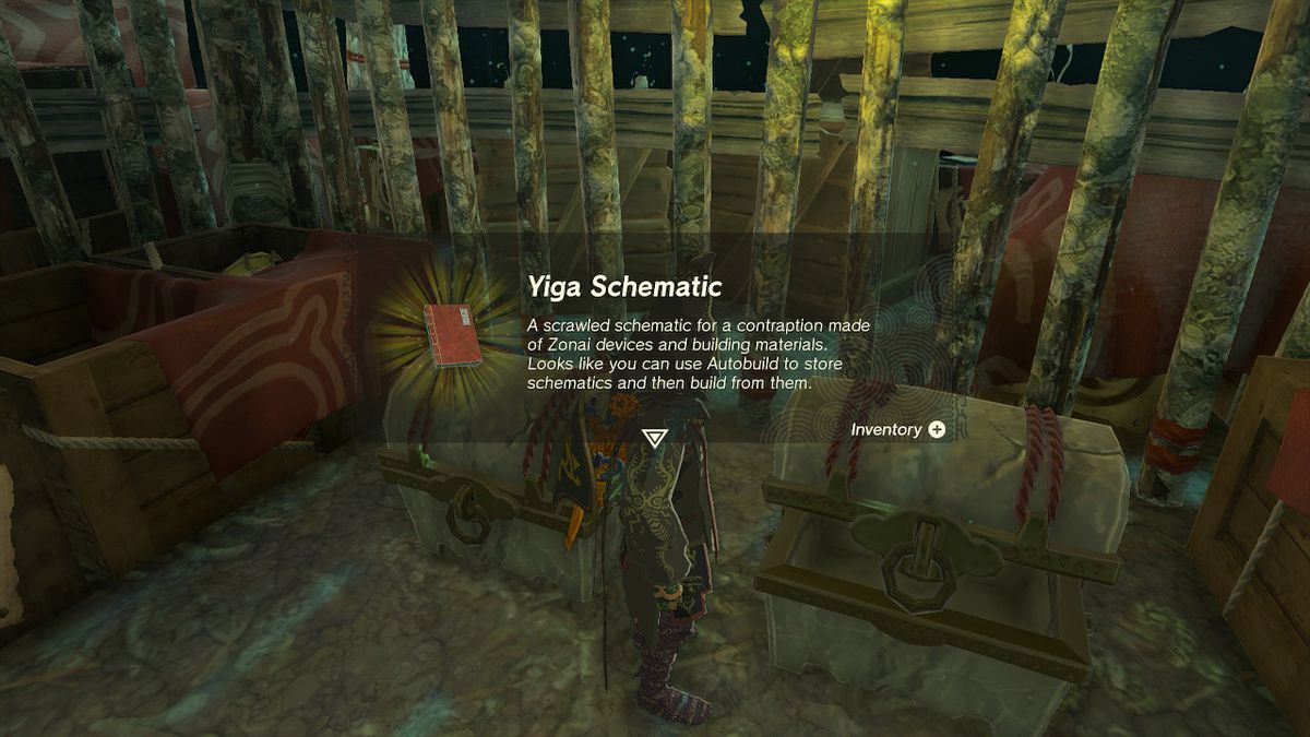 Link apre una cassa contenente il progetto Yiga nelle profondità in Zelda Tears of the Kingdom.