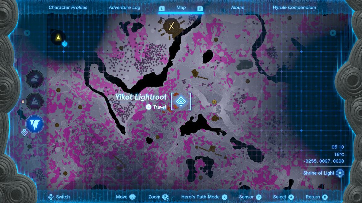 Una mappa mostra la posizione dello Yikot Lightroot nelle profondità in Zelda Tears of the Kingdom.