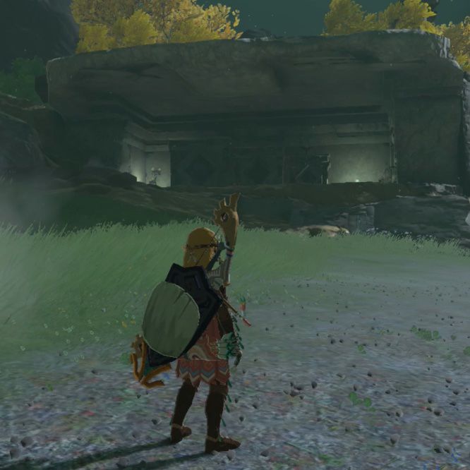 Link si trova di fronte al tempio di Squabble River per la ricerca del santuario 