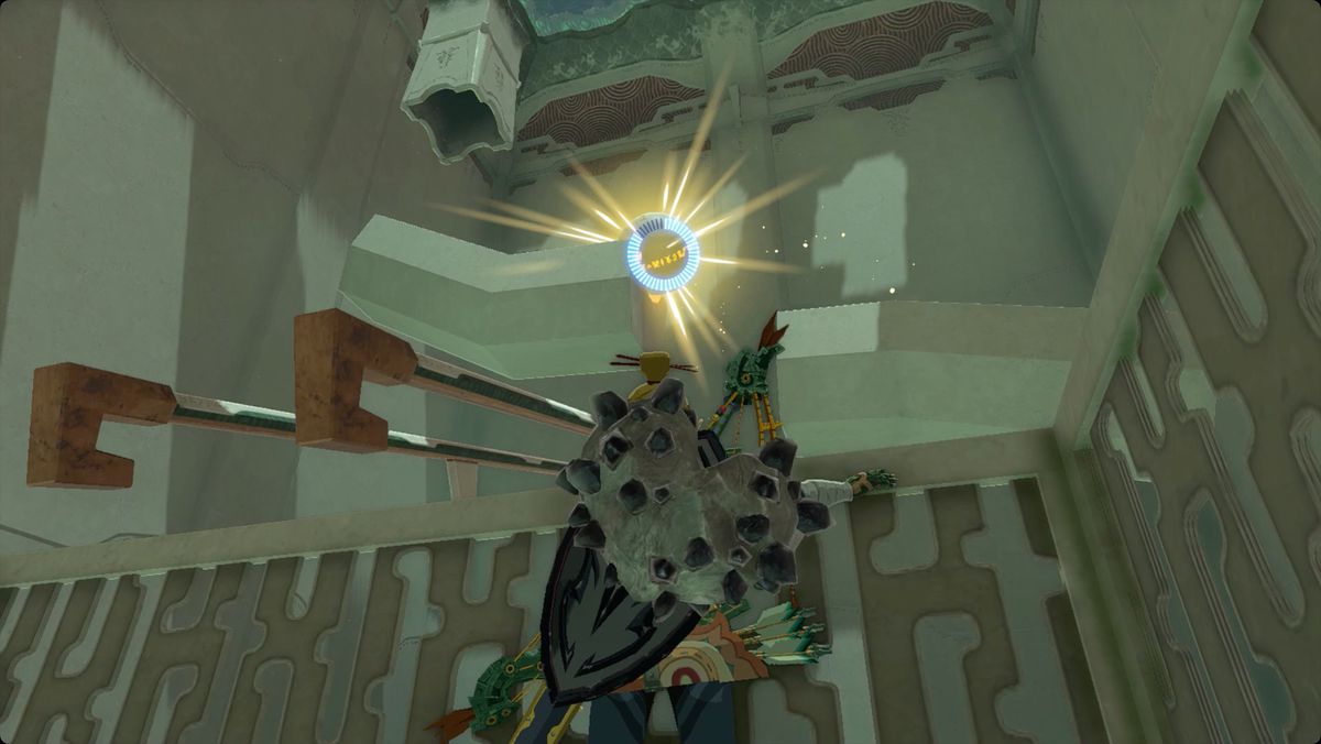 The Legend of Zelda: Tears of the Kingdom Link usa Recall per fermare una palla che rotola nel Santuario di Mayamats