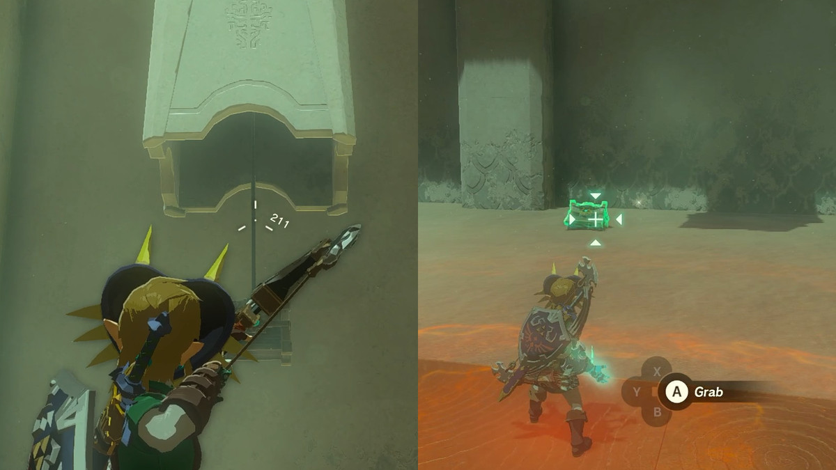 Link spara a una corda che regge una cassa e poi afferra rapidamente la cassa usando Ultrahand nel Santuario di Kudanisar in The Legend of Zelda: Tears of the Kingdom.