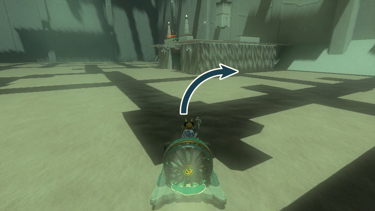 Collegati su una slitta a una piattaforma con due Costrutti sopra di essa nel Santuario di Kudanisar in The Legend of Zelda: Tears of the Kingdom.