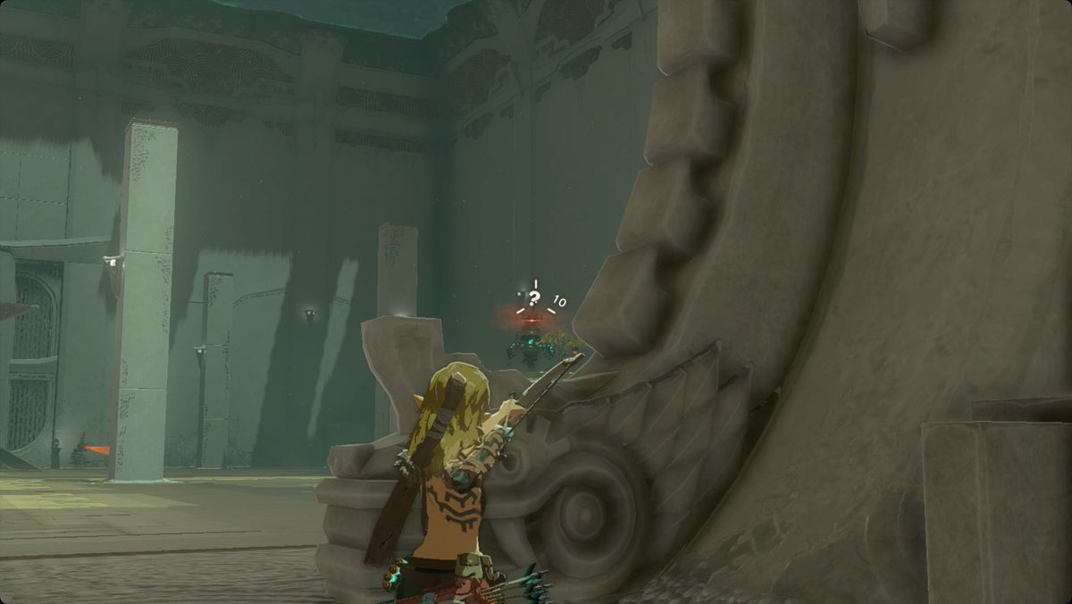 The Legend of Zelda: Tears of the Kingdom Link che punta un arco contro un Costrutto nel Santuario di Nouda.
