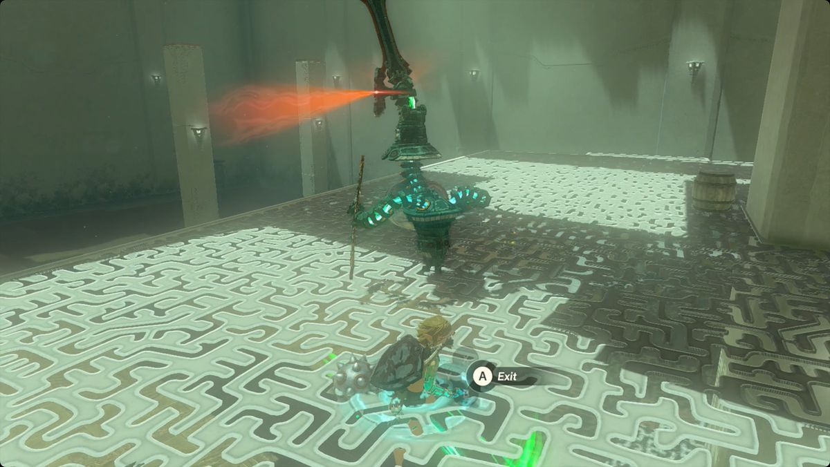 The Legend of Zelda: Tears of the Kingdom Link usando Ascesa per apparire dietro un Costrutto nel Santuario di Nouda.