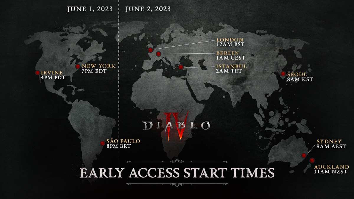 Una mappa del mondo che mostra gli orari di inizio dell'accesso anticipato a Diablo 4