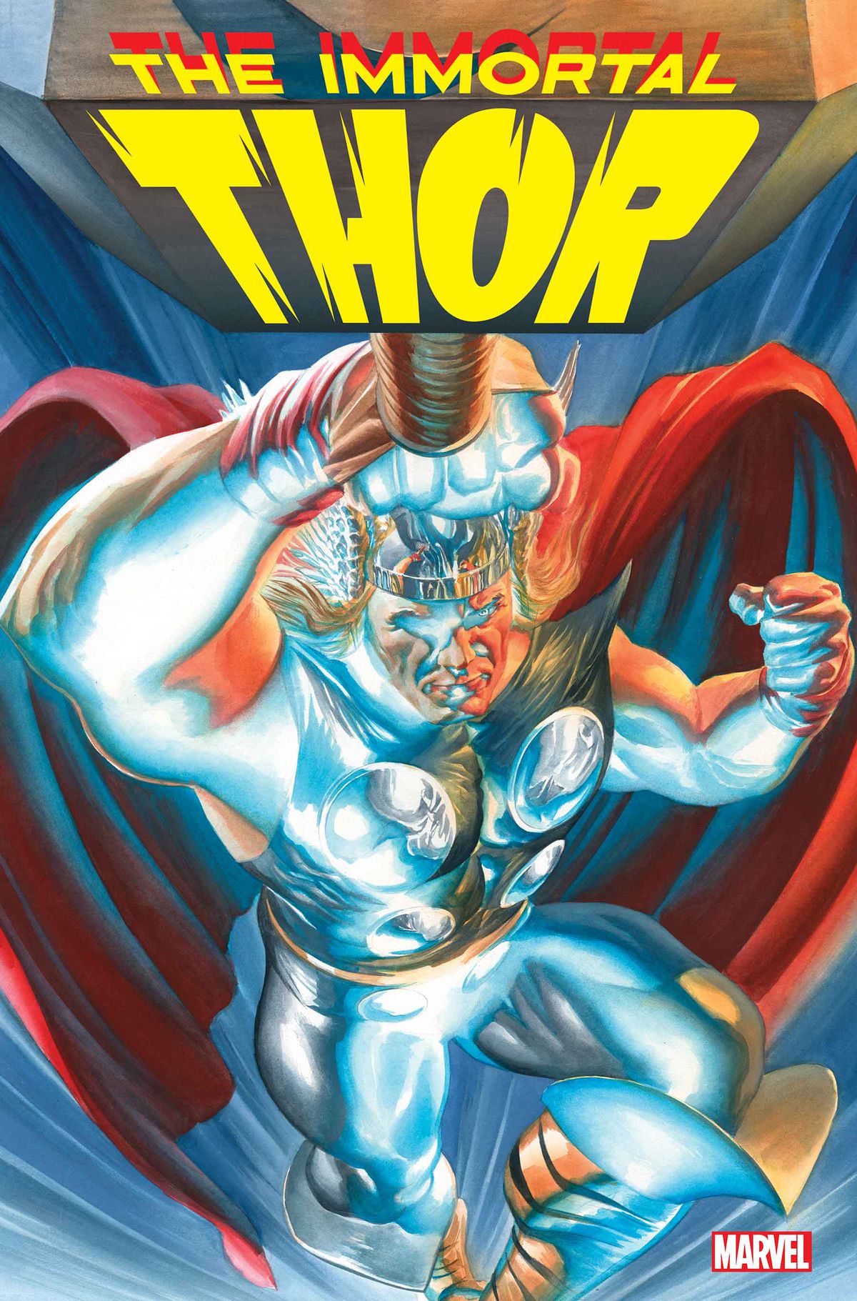 Thor vola attraverso i cieli, la sua forza martellante nella sua mano, illuminata da una luce soprannaturale sulla copertina di Immortal Thor #1 (2023). 