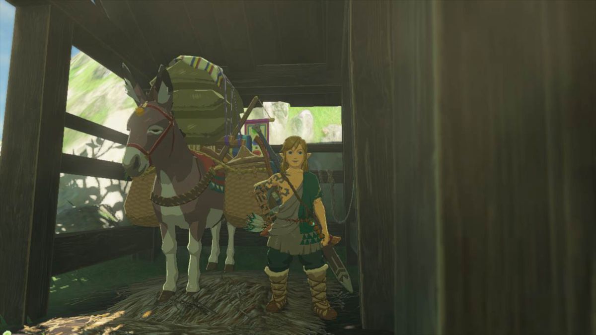 Link in posa con un asino carico di merci in Zelda: Tears of the Kingdom