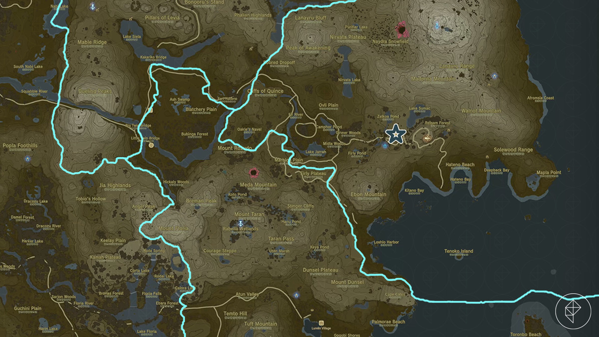 Mappa che mostra dove si trova Hateno Village, nell'angolo sud-est della mappa di Hyrule in Zelda: Tears of the Kingdom