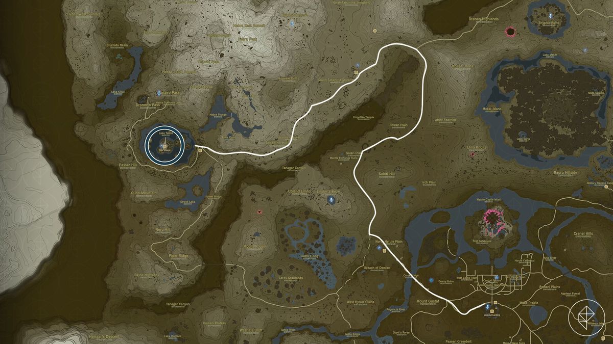 Una mappa che mostra un percorso rotatorio per raggiungere Rito Village in Tears of the Kingdom, da Lookout Landing, se i giocatori vogliono solo seguire una strada.