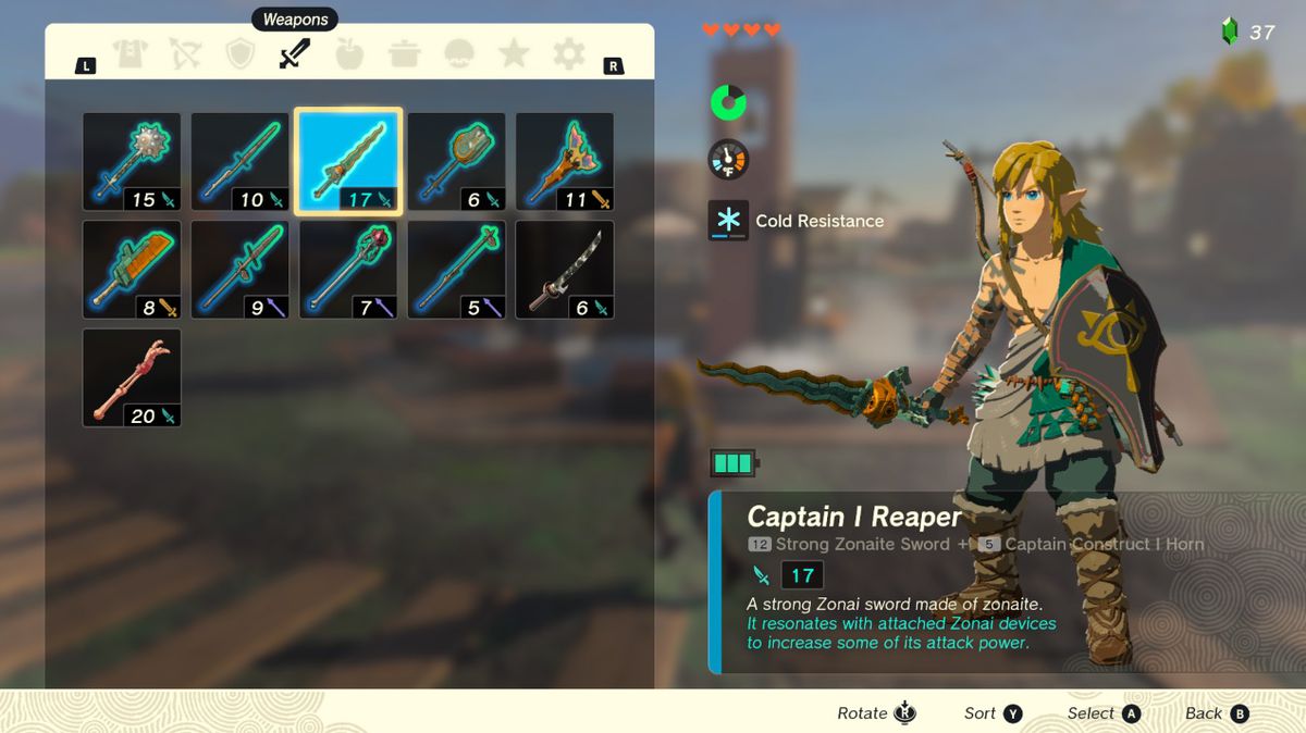 Link brandisce una potente spada zonaite con una maggiore durata dell'arma in Zelda Tears of the Kingdom.