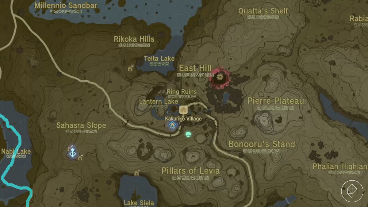 Una mappa mostra la posizione del villaggio di Kakariko in The Legend of Zelda: Tears of the Kingdom.