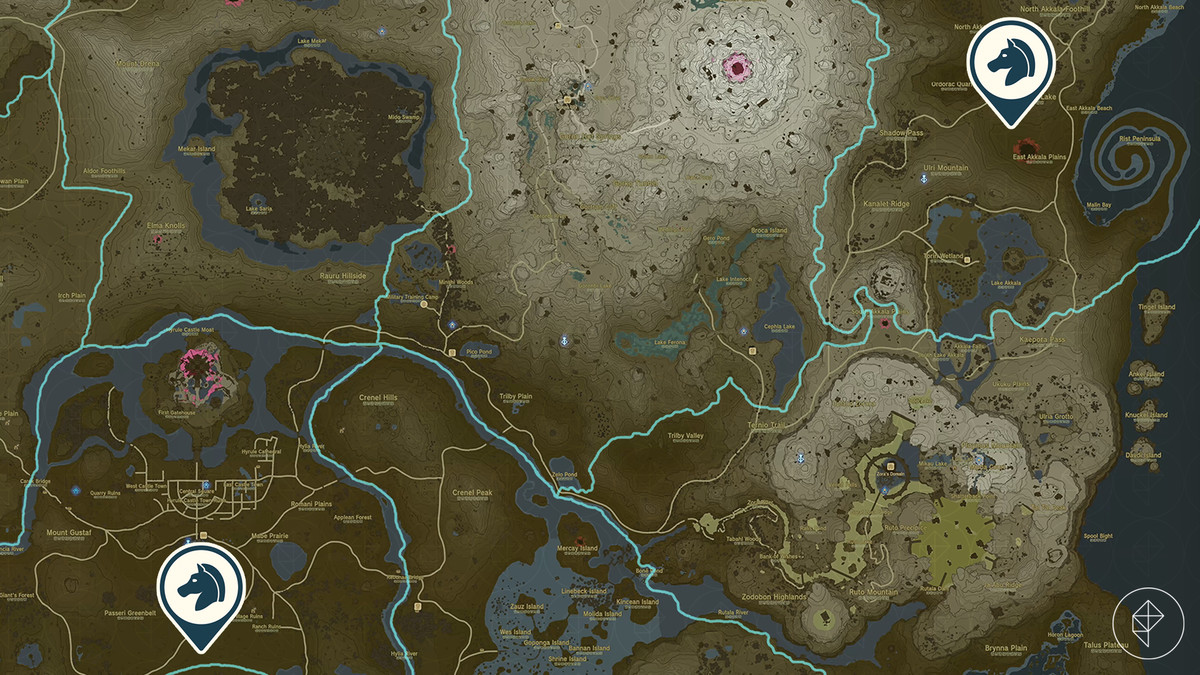 Mappa di The Legend of Zelda: Tears of the Kingdom che mostra la posizione di due mandrie di cavalli di basso livello