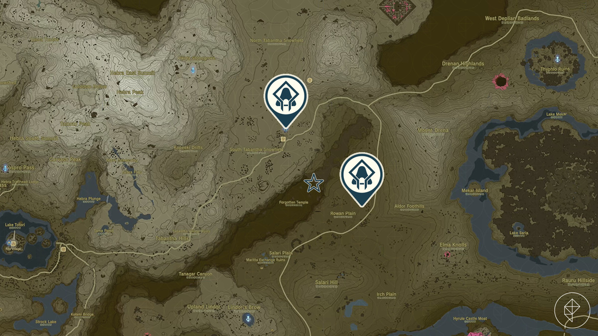 La posizione del Tempio Dimenticato sulla mappa di Hyrule in The Legend of Zelda: Tears of the Kingdom
