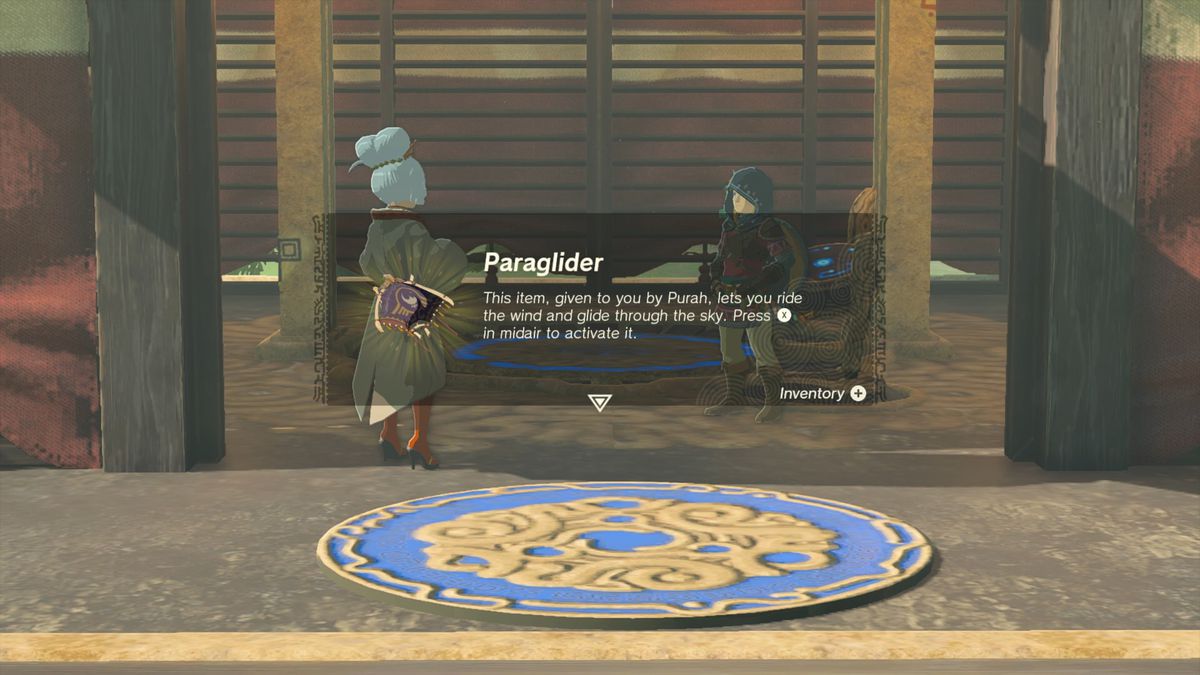 Purah, il capo dell'atterraggio di vedetta, dà a Link il parapendio in fondo alla torre panoramica di atterraggio di vedetta, in The Legend of Zelda: Tears of the Kingdom